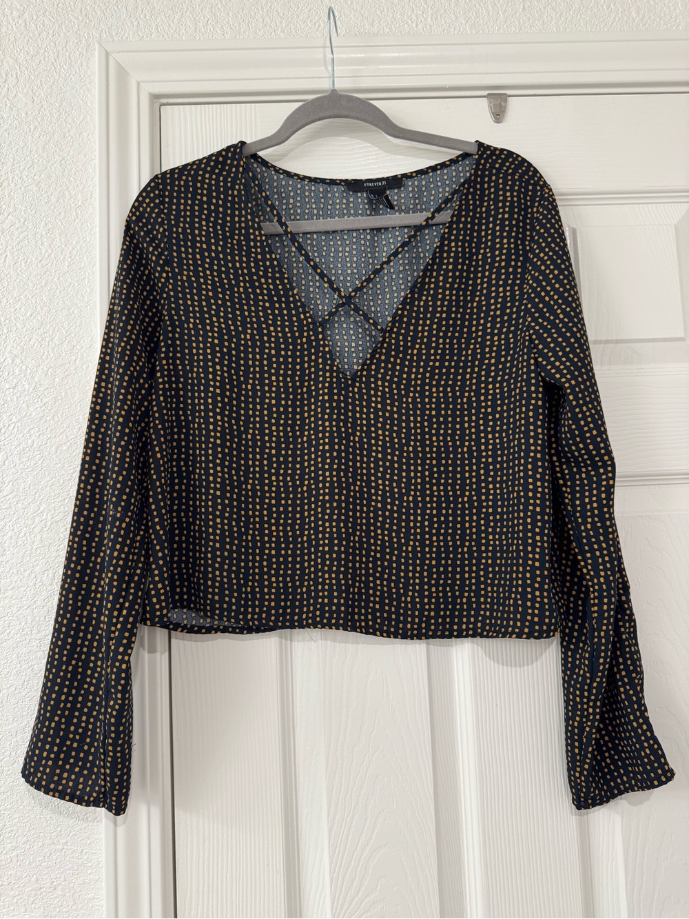 Forever 21 Black Blouse with Tan Dot Print and Crisscross V-Neck